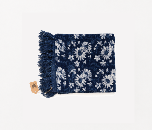 Floral Hand Block Printed Indigo Cotton Throw Blanket