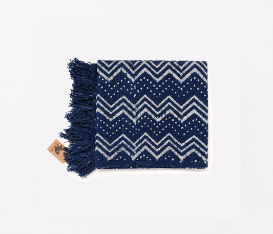 Striped Hand Block Printed Indigo Cotton Throw Blanket