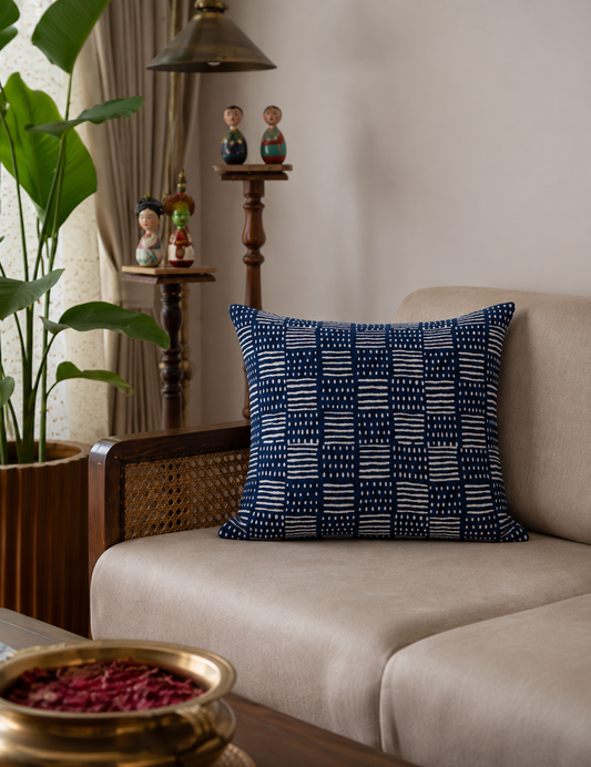 Striped Indigo Hand Block Printed Cushion Cover