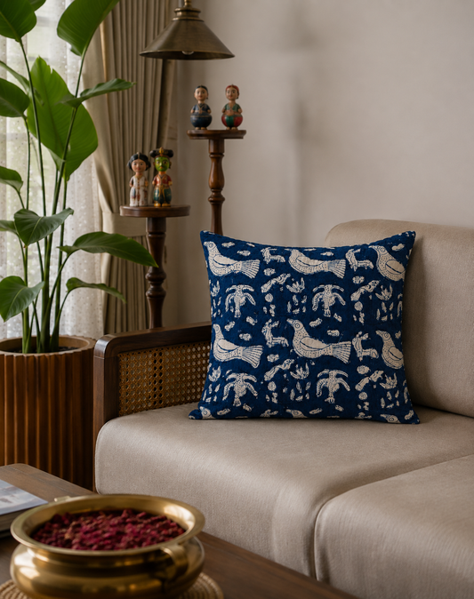 Birds Indigo Hand Block Printed Cushion Cover