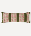 A long rectangular lumbar pillow with olive green stripes and pink floral patterned bands, shown against a plain off-white background.