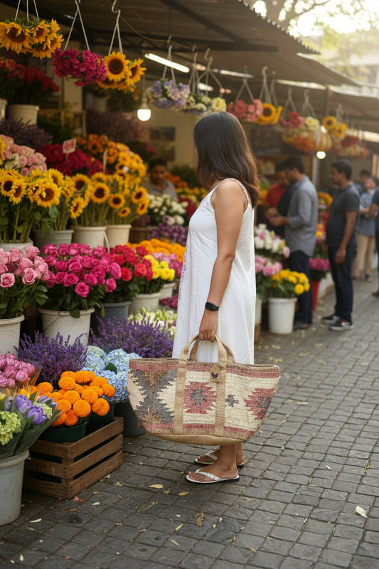 A large woven tote bag with geometric patterns in beige, pink, and brown. 