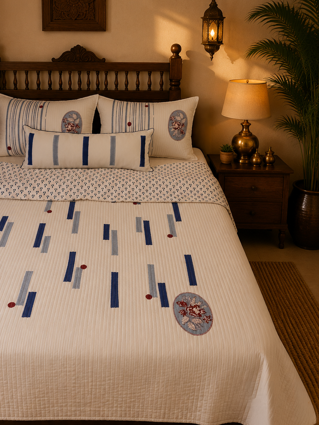 QUILTED REVERSIBLE BEDCOVER IN HAND BLOCK PRINTED IN MODERN DESIGN 