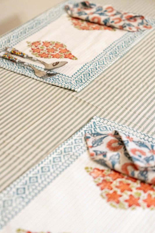 blue and orange hand block printed corduroy cotton mats and napkins set