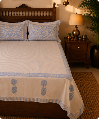 A cream-colored cotton bedspread with blue floral border and tassel motifs, styled with matching patterned pillows in a warm, decorated bedroom.