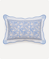 A rectangular decorative pillow with a blue and white floral paisley pattern, featuring a striped border and a blue gingham check edge, shown against a plain light background.