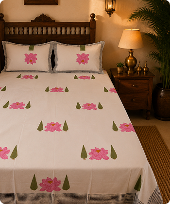 A bed dressed in a white bed sheet and matching pillowcases featuring a pink lotus flower and green leaf pattern, styled in a warm, traditional bedroom setting.