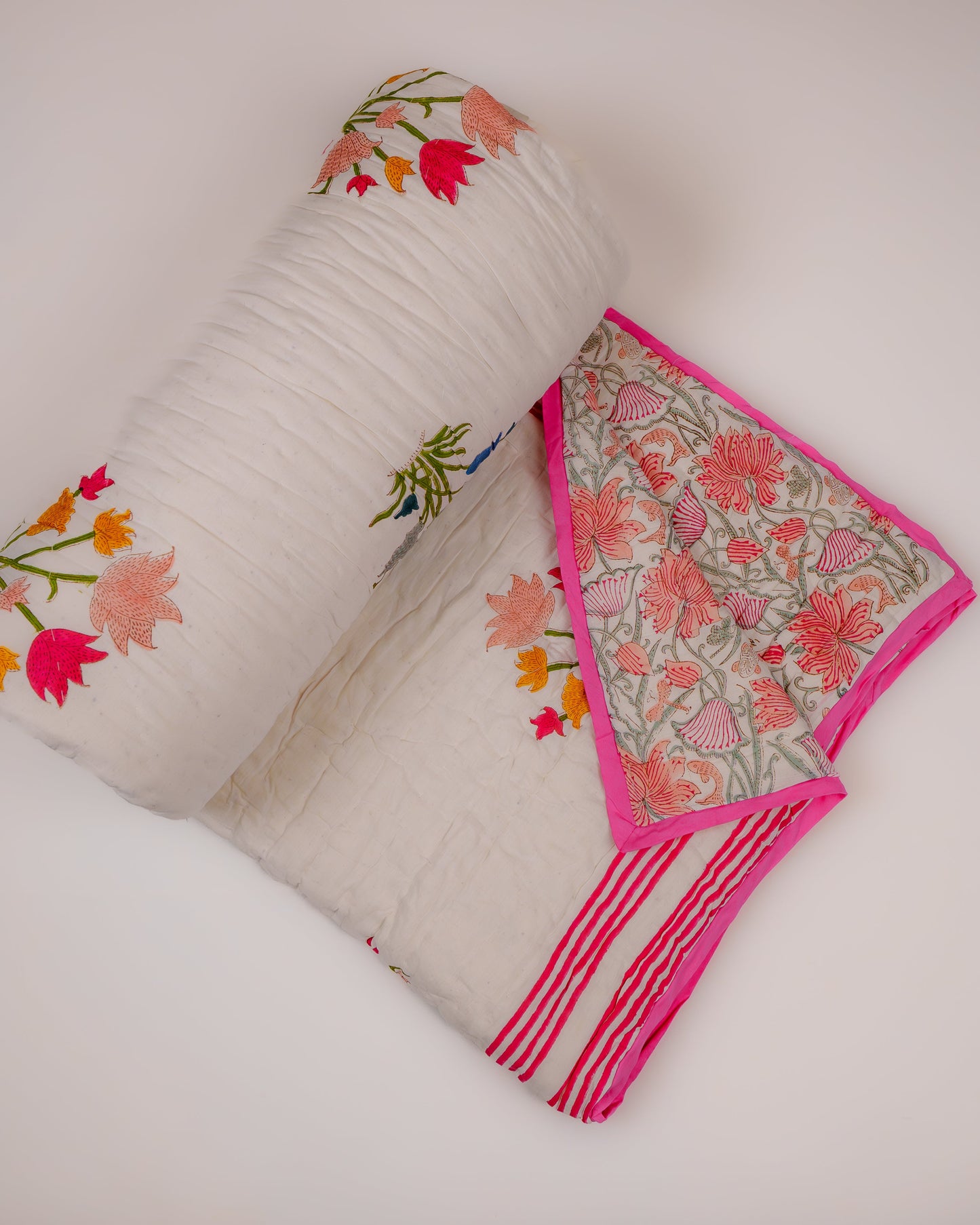Phool Hand Block Printed Hand Quilted Cotton Quilt / Razai