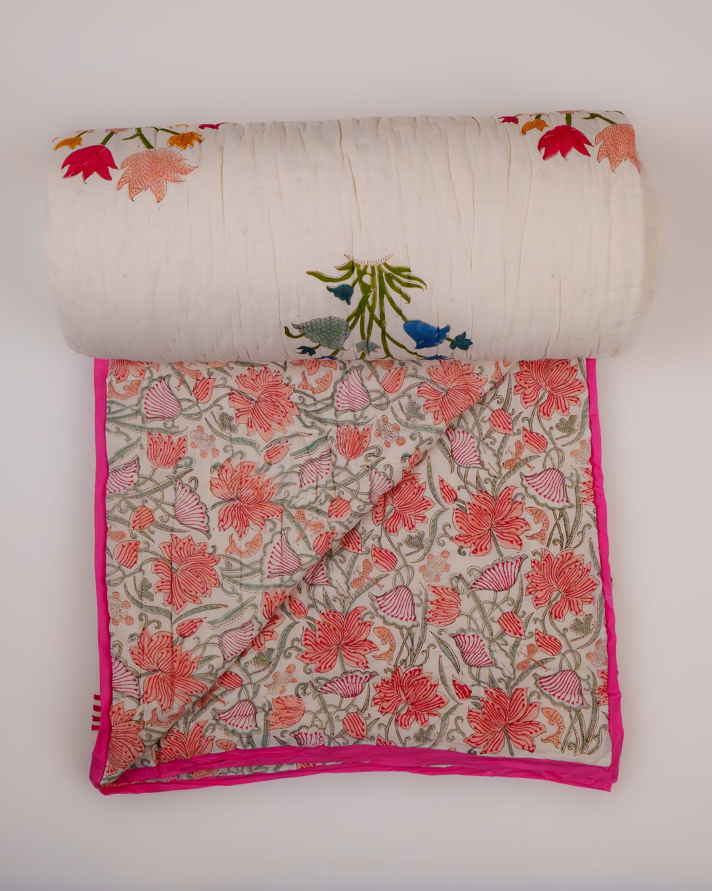 Phool Hand Block Printed Hand Quilted Cotton Quilt / Razai