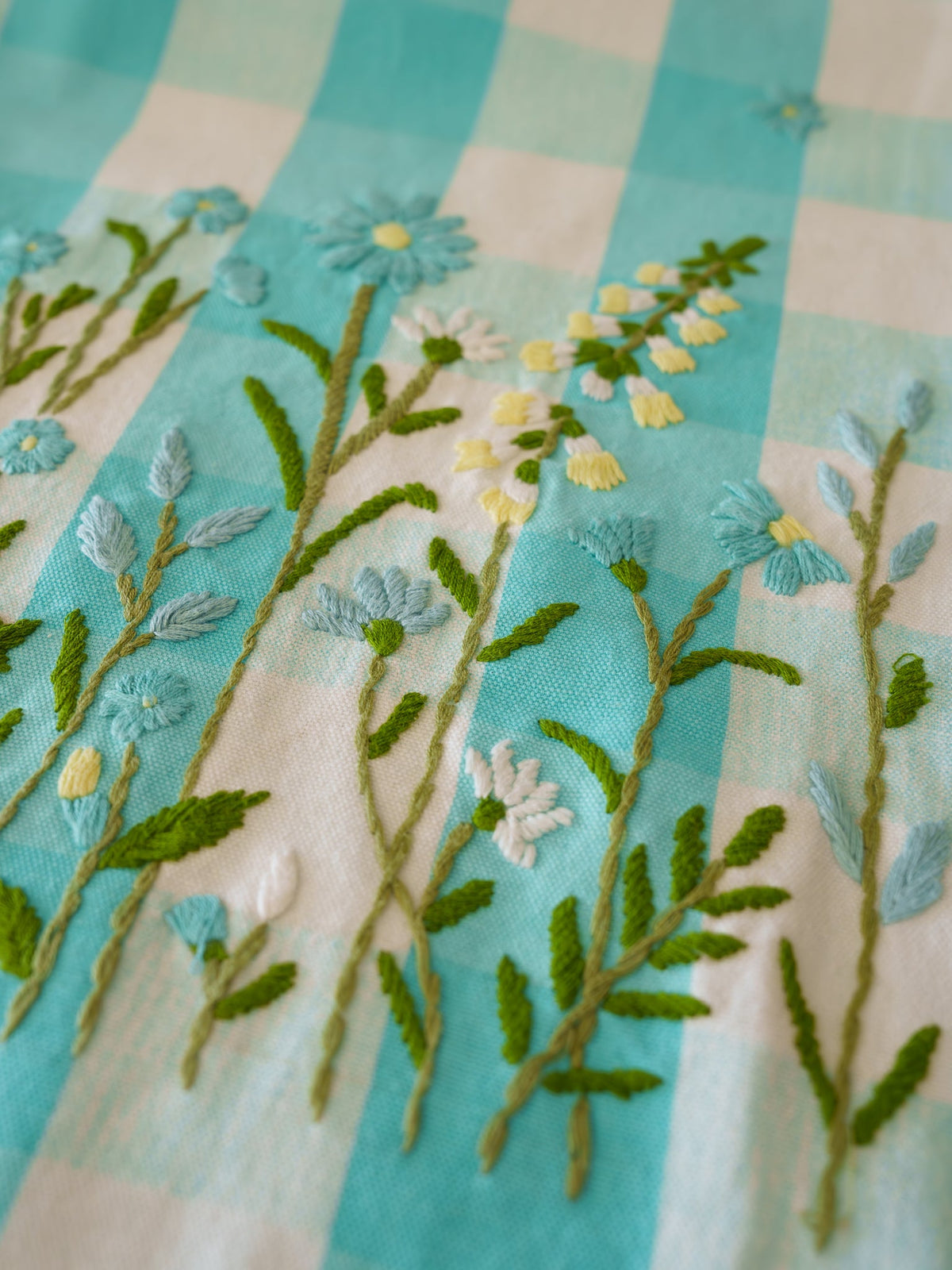 Blue Ghingham Hand Embroidered Table Runner