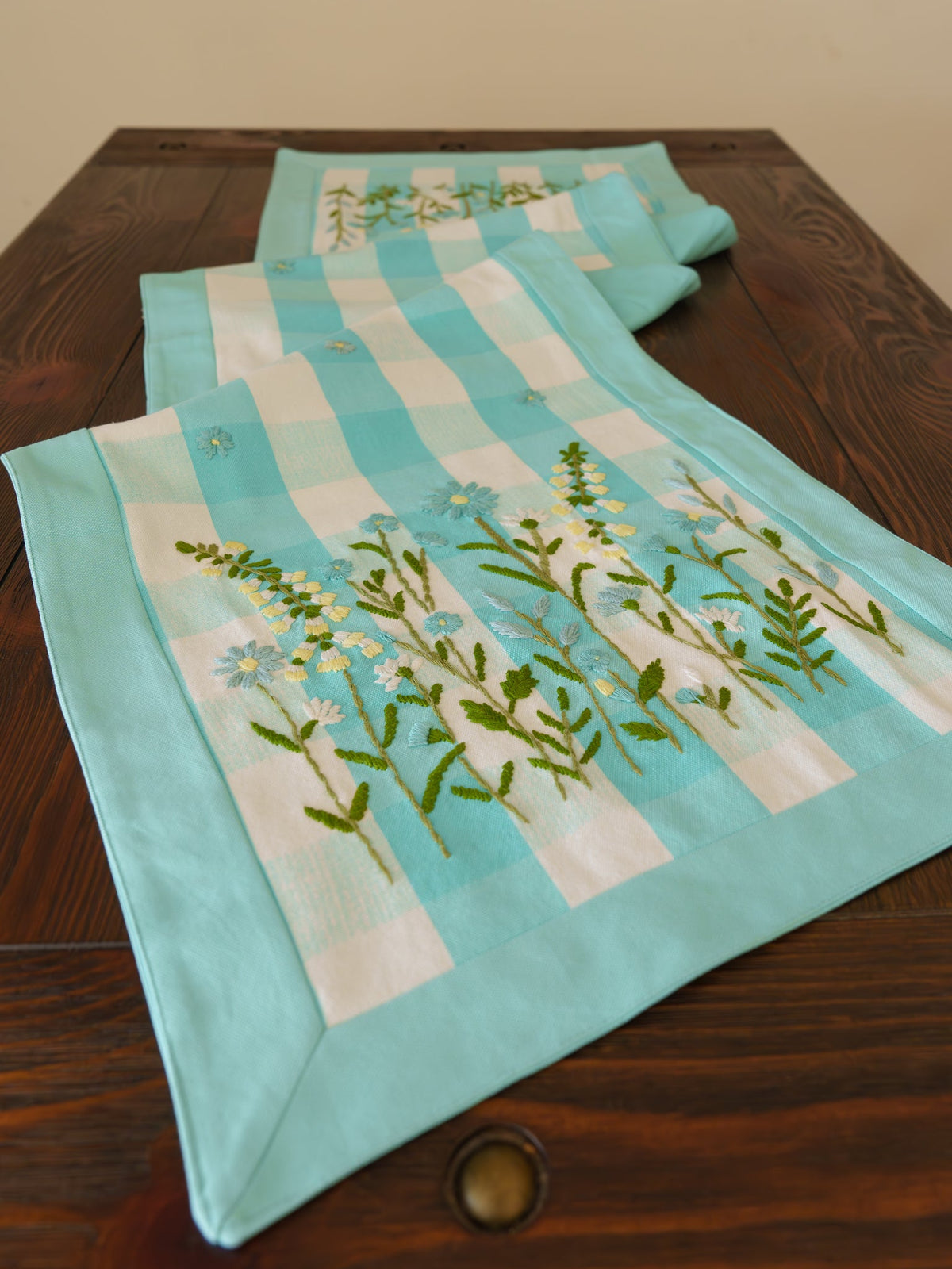 Blue Ghingham Hand Embroidered Table Runner