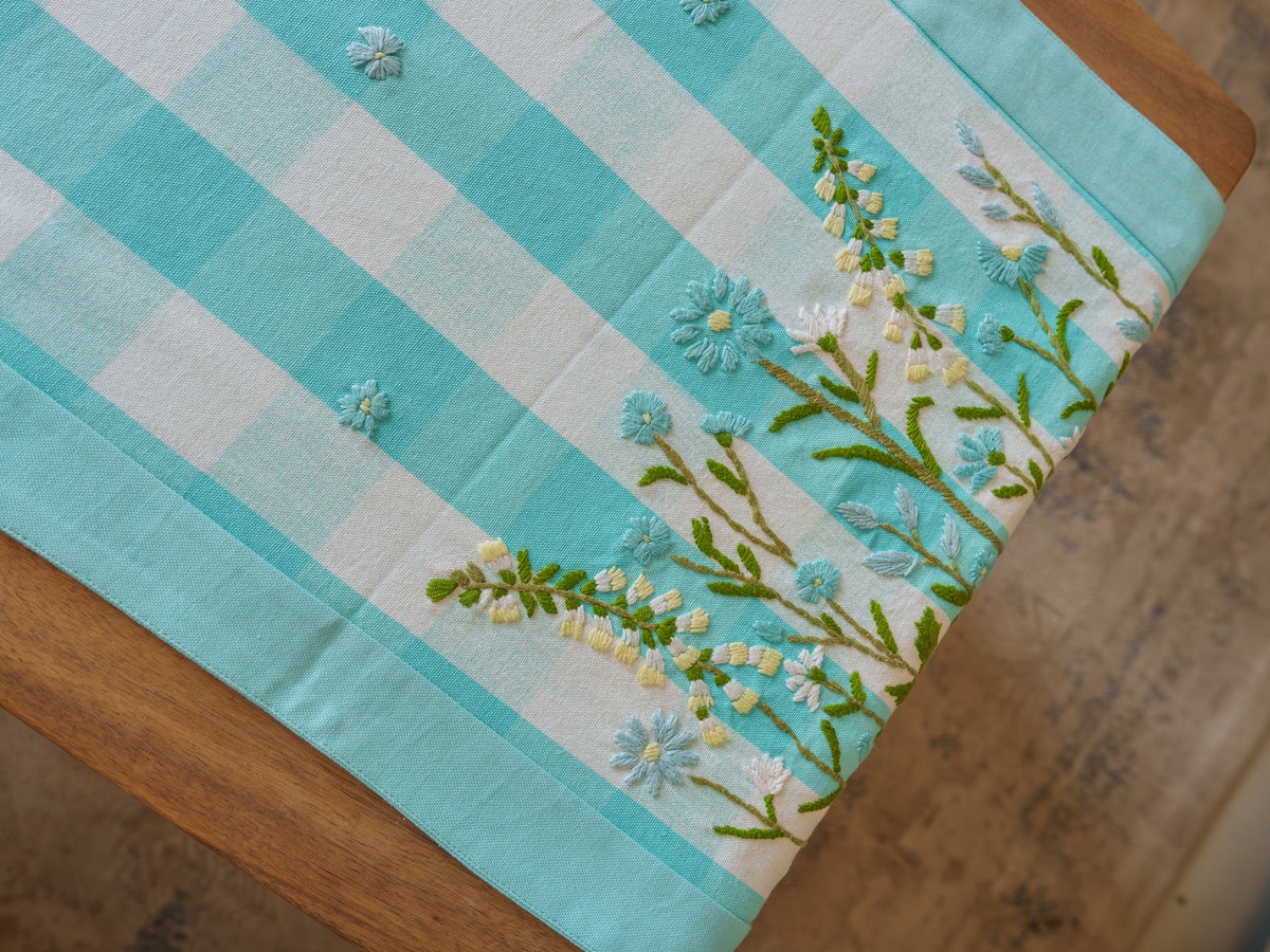 Blue Ghingham Hand Embroidered Table Runner