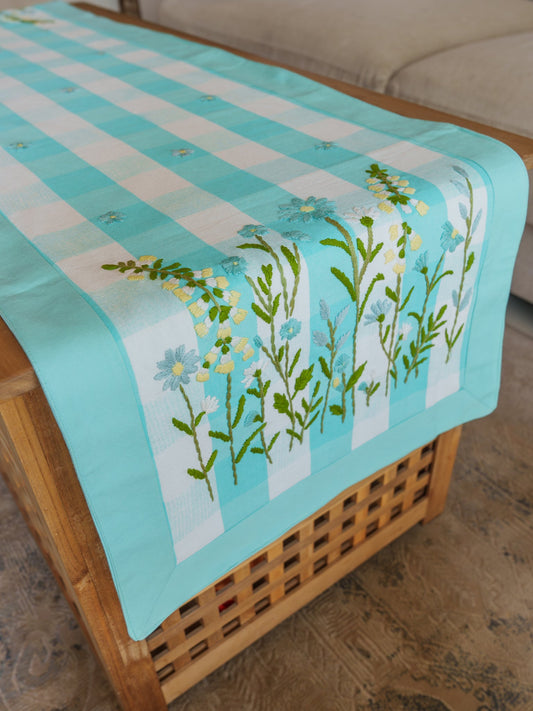 Blue Ghingham Hand Embroidered Table Runner