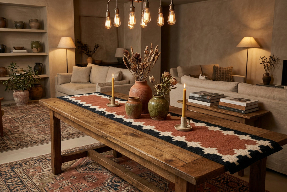 A long rectangular hand woven table runner kilim laid flat on a console table The rug has a terracotta pink center, cream geometric borders, and a black outer border.