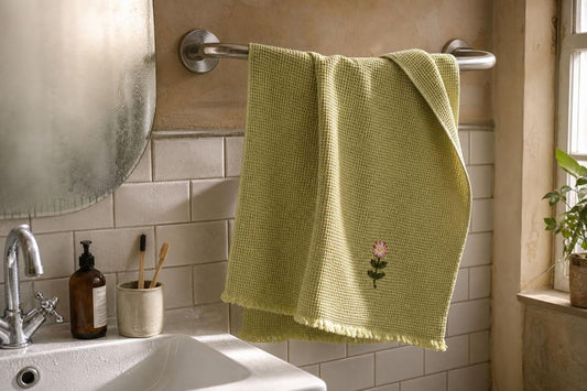 Olive Hand Embroidered Cotton Waffled Hand Towels