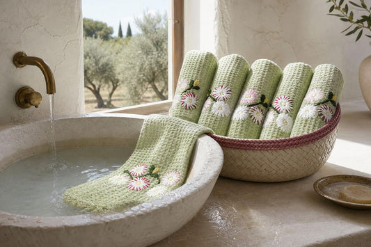 Olive Hand Embroidered Cotton Waffled FaceTowels