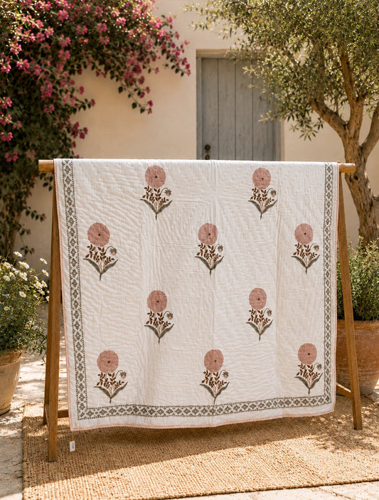 Raj Pankhudi Hand Block Printed Hand Quilted Cotton Quilt / Razai