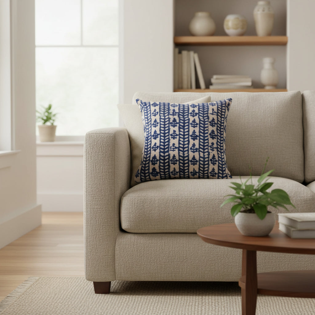 Flora Indigo Hand Block Printed Cushion Cover
