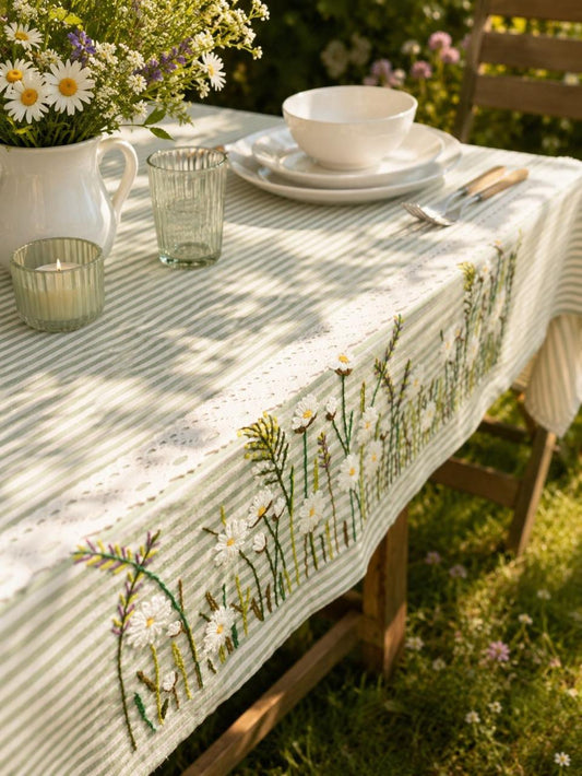 Stripe Hand Embroidered Cotton Dining Table Cover