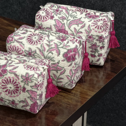 Floral Hand Block Printed Cosmetic Pouch