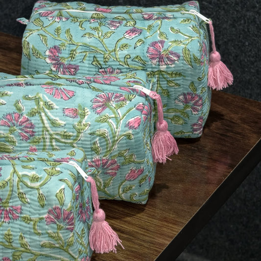Green Hand Block Printed Cosmetic Pouch