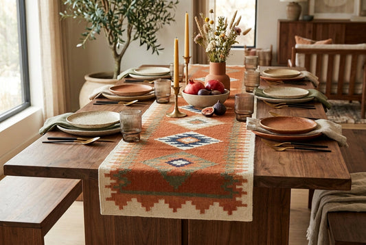 A long rectangular hand woven table runner rug with a Southwestern geometric pattern in terracotta orange, cream, navy blue, and gray.