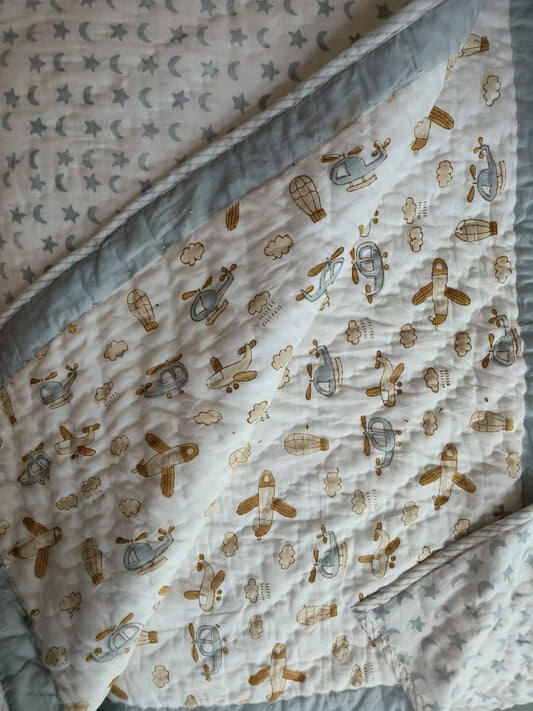 Blue Airspace Hand Block Printed Kids Quilt