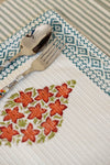 dining table placement mats in cotton in orange and green, hand block printed with chemical free dyes