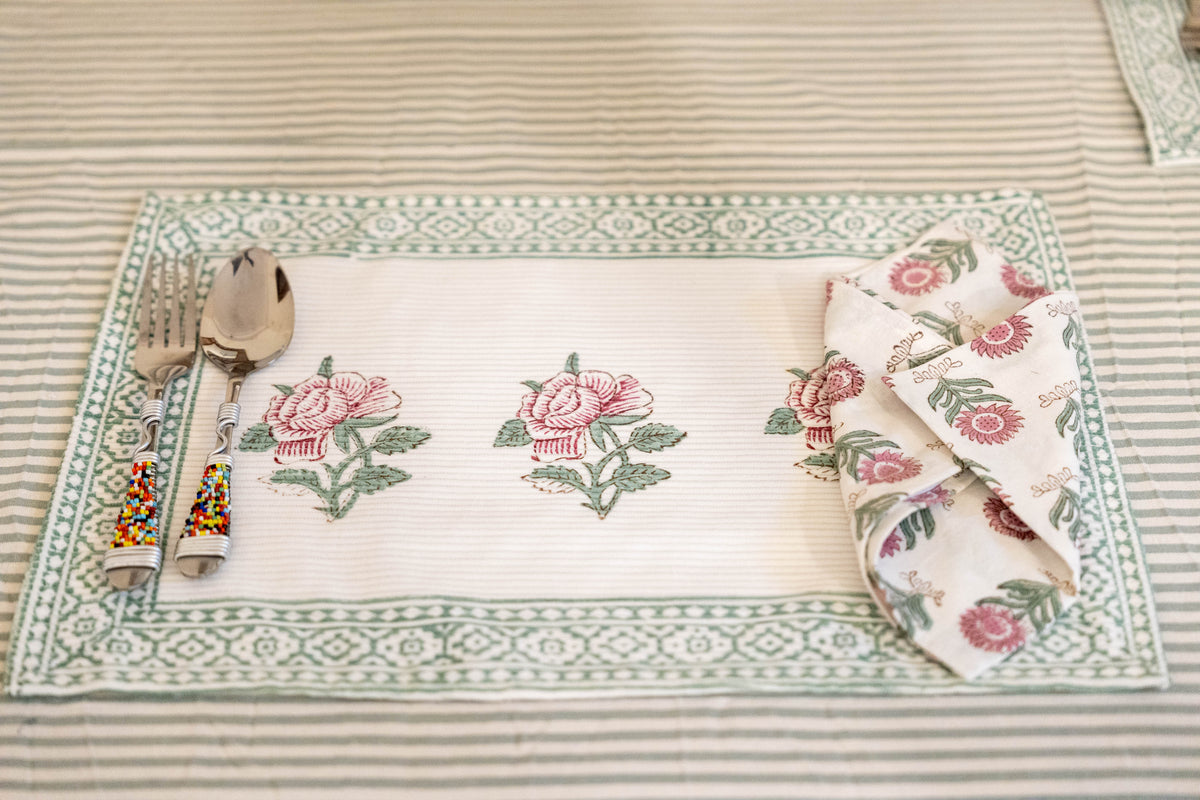 dining table mats and napkins in hand block print for festive occasion.