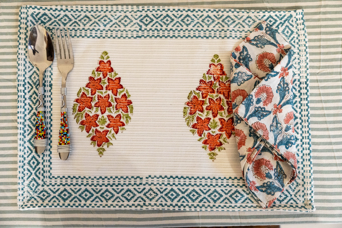 set of 6 mats and 6 napkins in hand block printed floral morifs for diwali