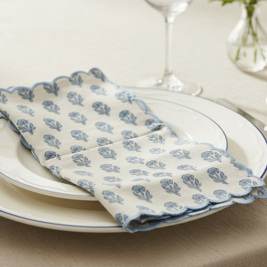 hand block printed in jaipur. cotton napkins in blue and white