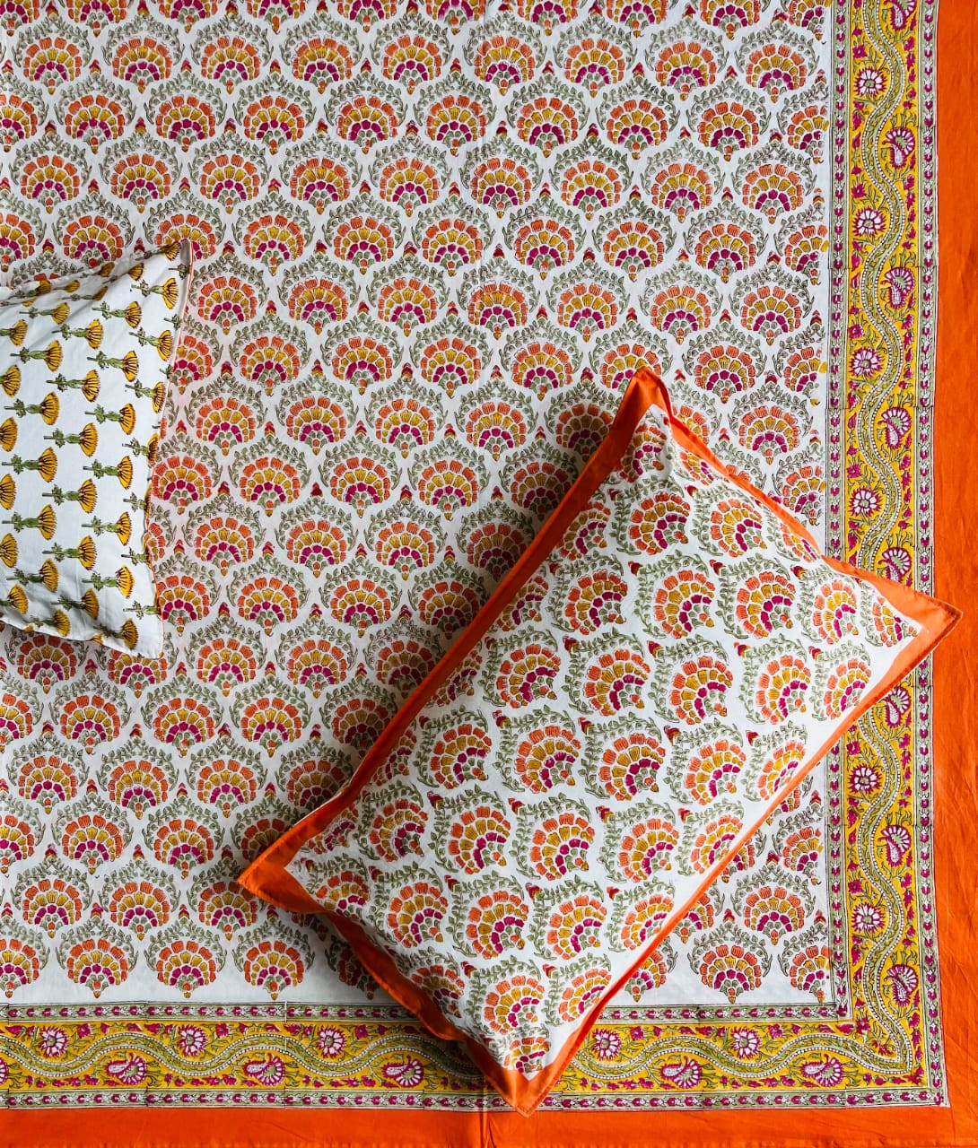 Marigold Hand Block Printed 300TC Percale Cotton Bedsheet
