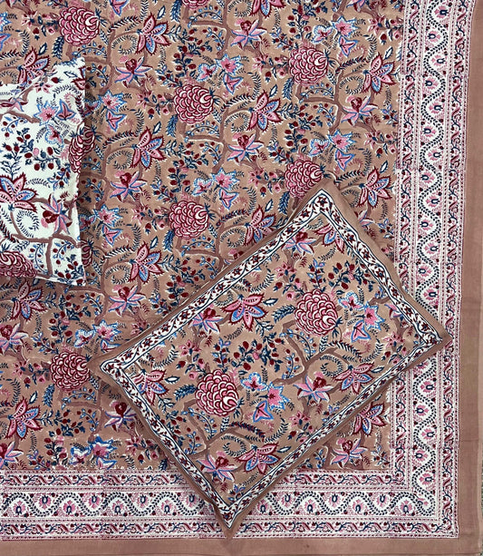 Mocha Hand Block Printed 300TC Percale Cotton Bedsheet