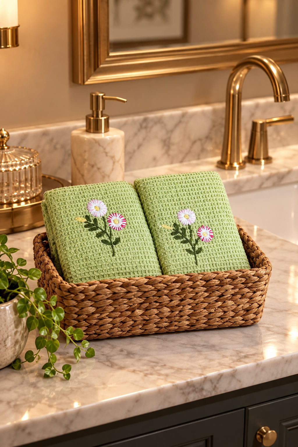 hand embroidered hand towels in waffled cotton.