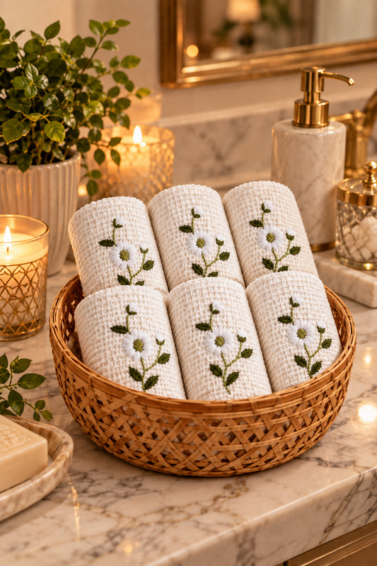 hand embroidered face towels for guest bathroom.